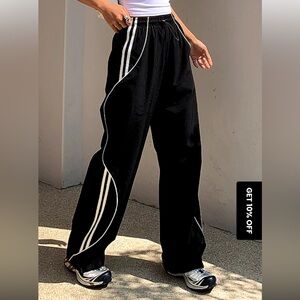 Commense Black Track Pants with White Stripes